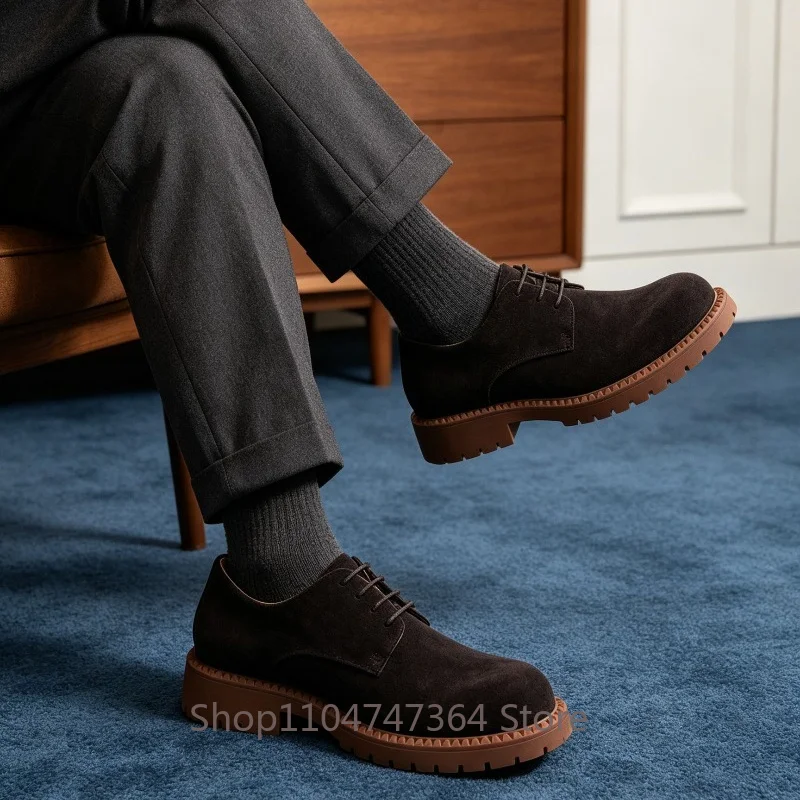 Retro British Style Cow Suede Derby Shoes Men's Casual Thick Soled Height Increasing Lace Up Work Genuine Leather Shoes Male