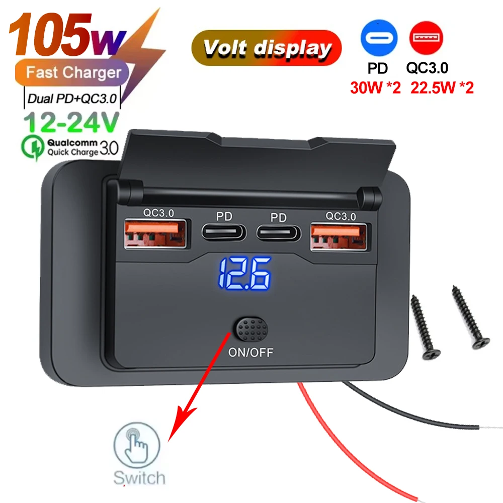 Autolader stopcontactadapter met schakelaar 2/4 poorten 12V 24V PD QC3.0 oplaadsplitter voor bus camper ATV vrachtwagen boot