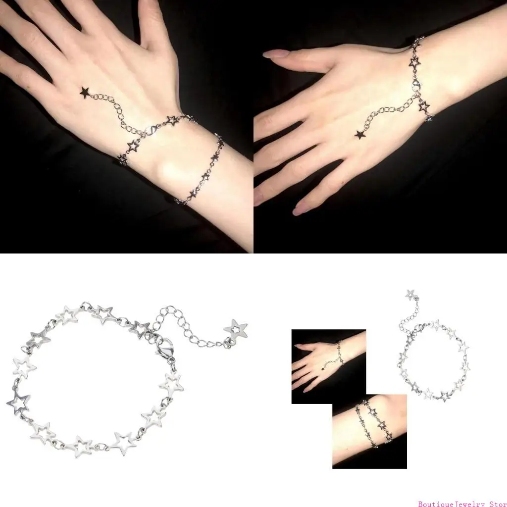 E1PE Beautiful Five-pointed Star Bracelet for Women Hollow Star Link Chain Bracelets