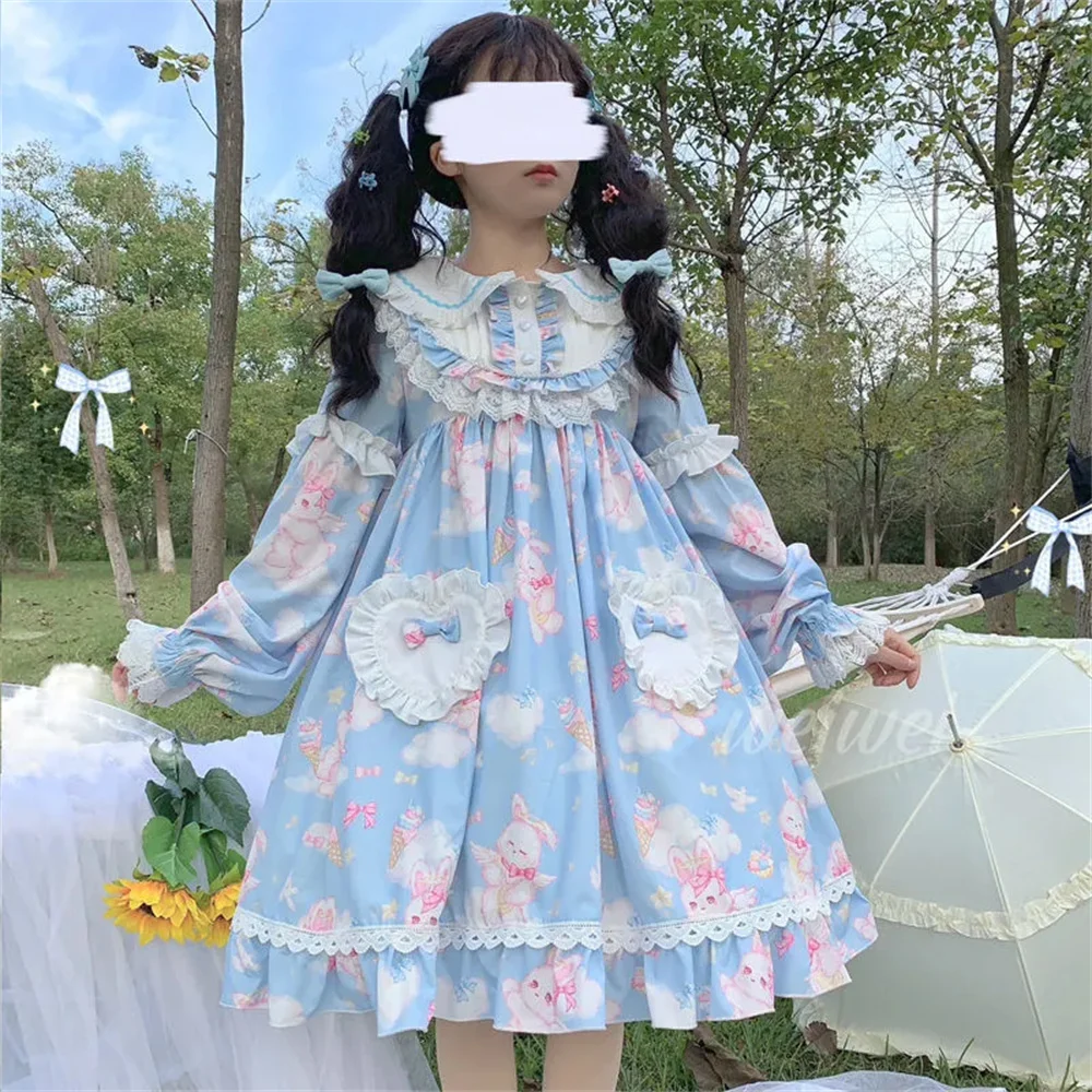 Süße Mädchen lieben Knöpfe niedlichen Kaninchen drucken Lolita Kleid Sommer weiches Mädchen Peter Pan Kragen Kawaii Loli Cosplay Lolita op