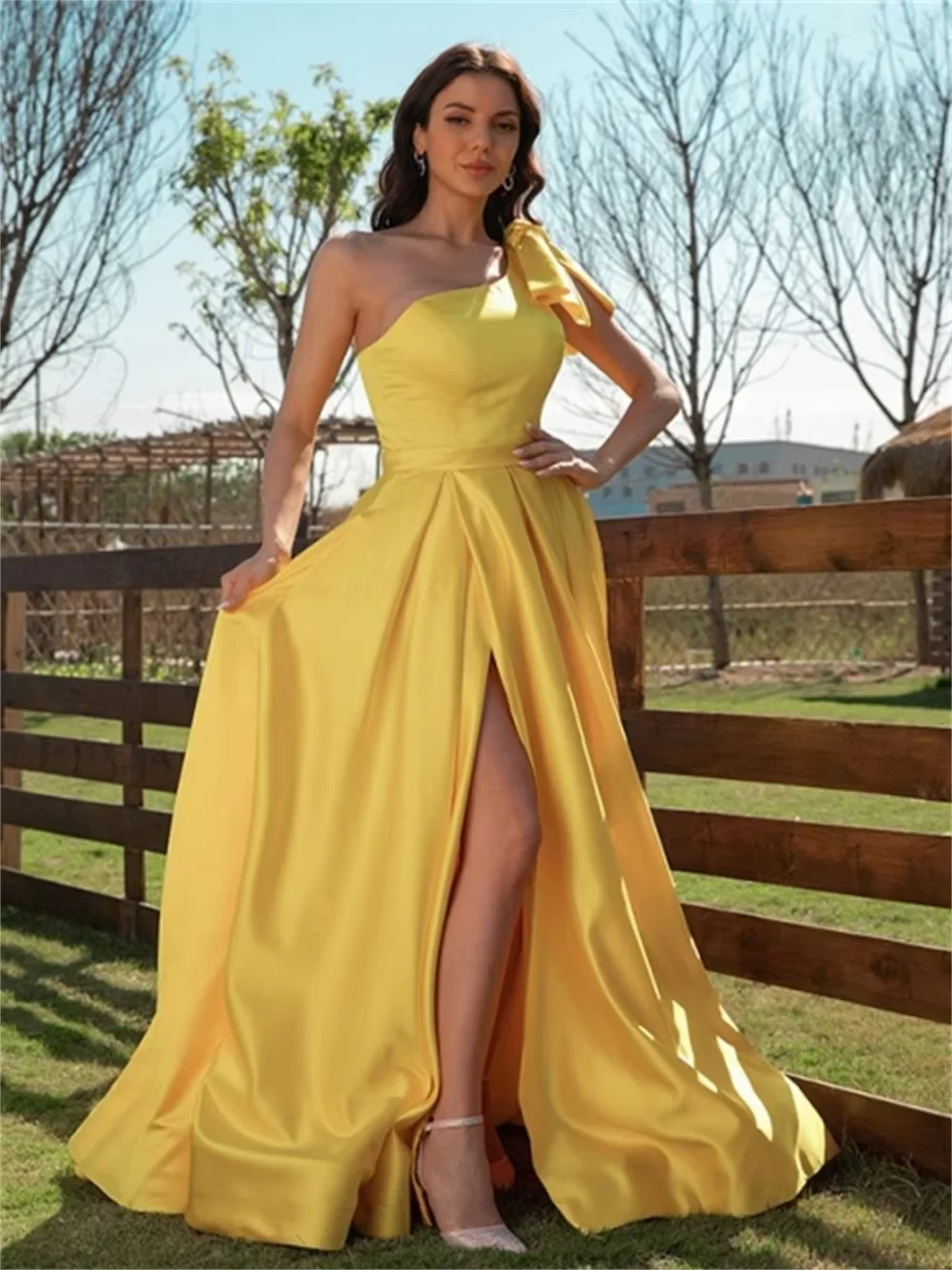 

Customized Yellow Satin Prom Dress One Shoulder A-Line Long Dresses For special Occasions Elegant Women's Party Evening Dress