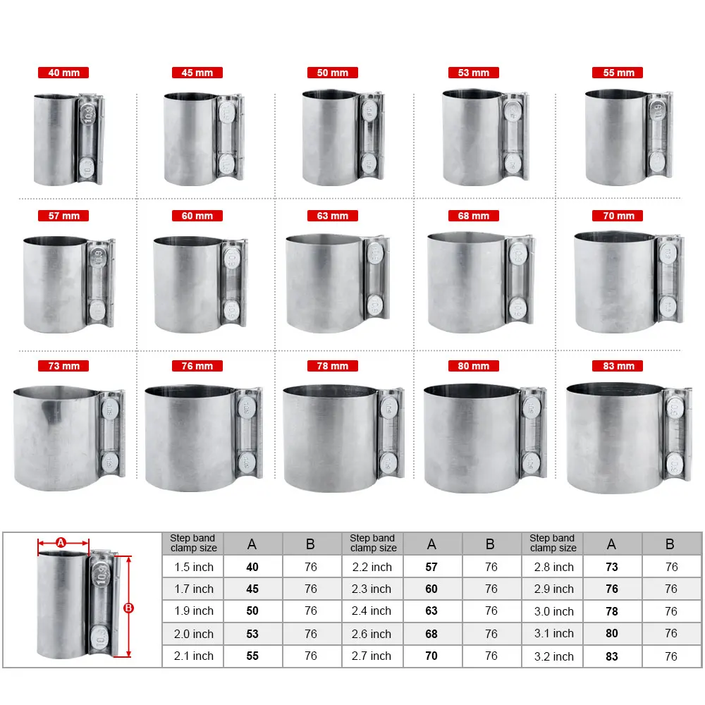 

Universal 40-83mm Stainless Steel Exhaust Band Clamp - Accessories Butt-Joint Coupler for Exhaust Pipes (304 Grade)