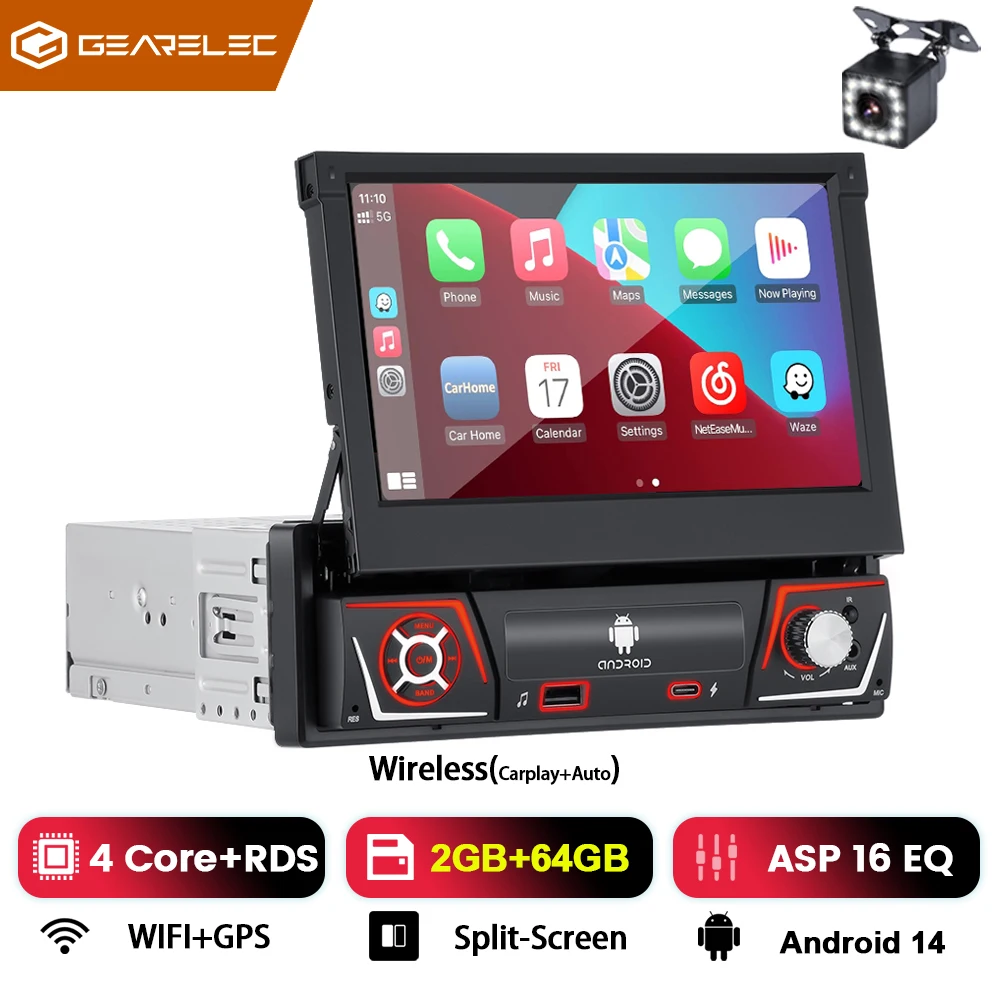 1 Din autoradio met Android Carplay, universeel, 7" IPS intrekbaar scherm, GPS-navigatie, 1Din Android 12 multimedia videospeler