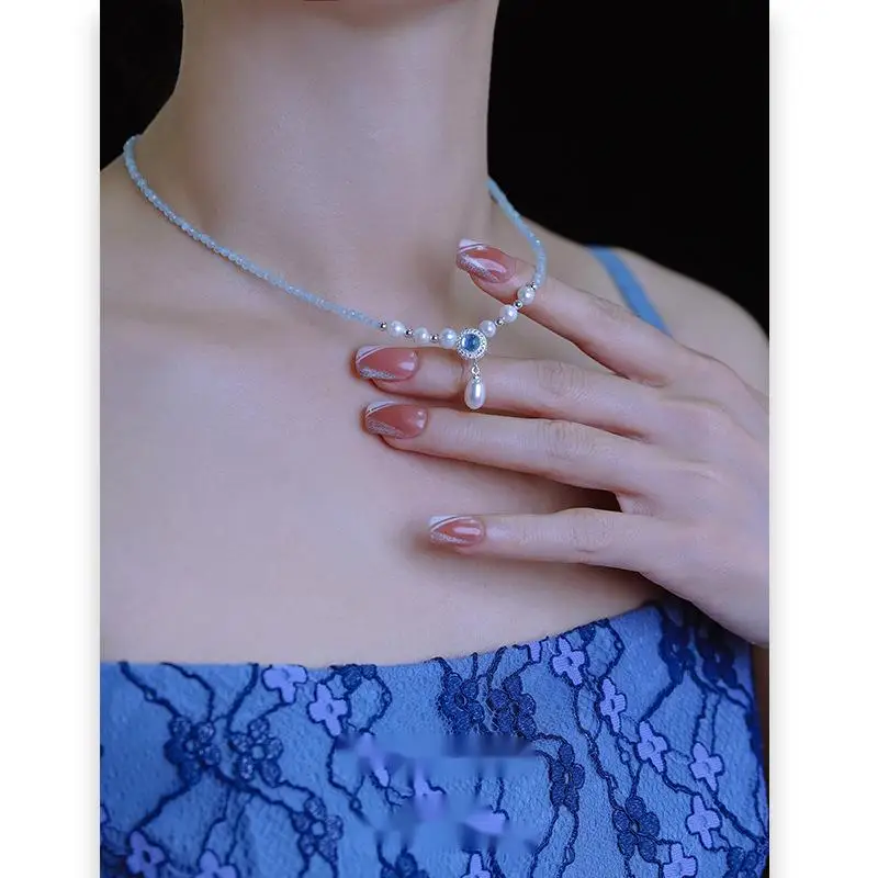 

French Light Luxury Vintage Blue Freshwater Pearl Necklace for Women Minimalist Elegant Pendant Collarbone Chain Gift