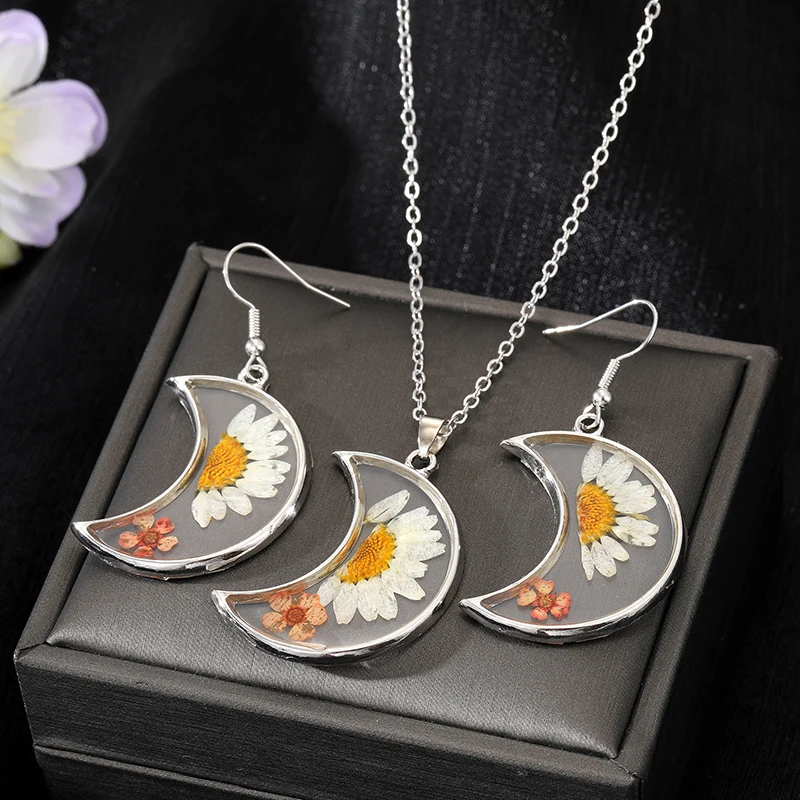 Moon Natural Eternal Dried Flower Necklace For Women Gift New Trendy Immortal Real Flower Plant Earring Party Wedding Jewelry