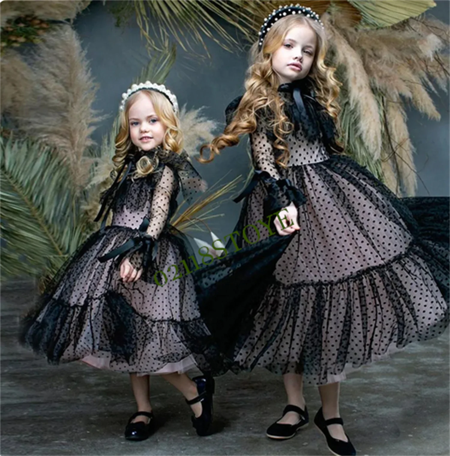 Robe de fille à fleurs mignonne noire à manches longues, tulle pointu, robe de soirée de mariage pour enfants, nœud, col haut, princesse, quelle que soit, 2023