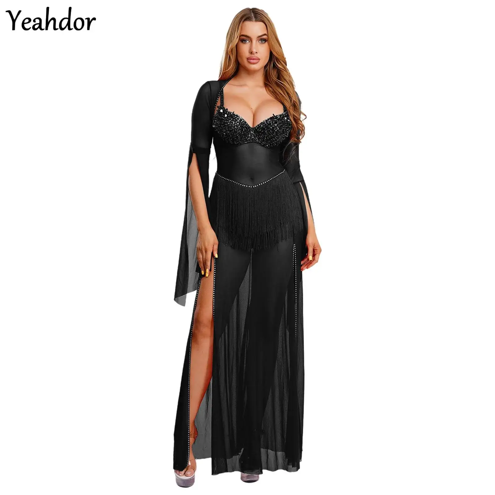 

Womens Egyptian Belly Dance Performances Dress Flare Sleeve Tassel Rhinestone Mesh Slit Maxi Dress Nightclub Wedding Party Dress
