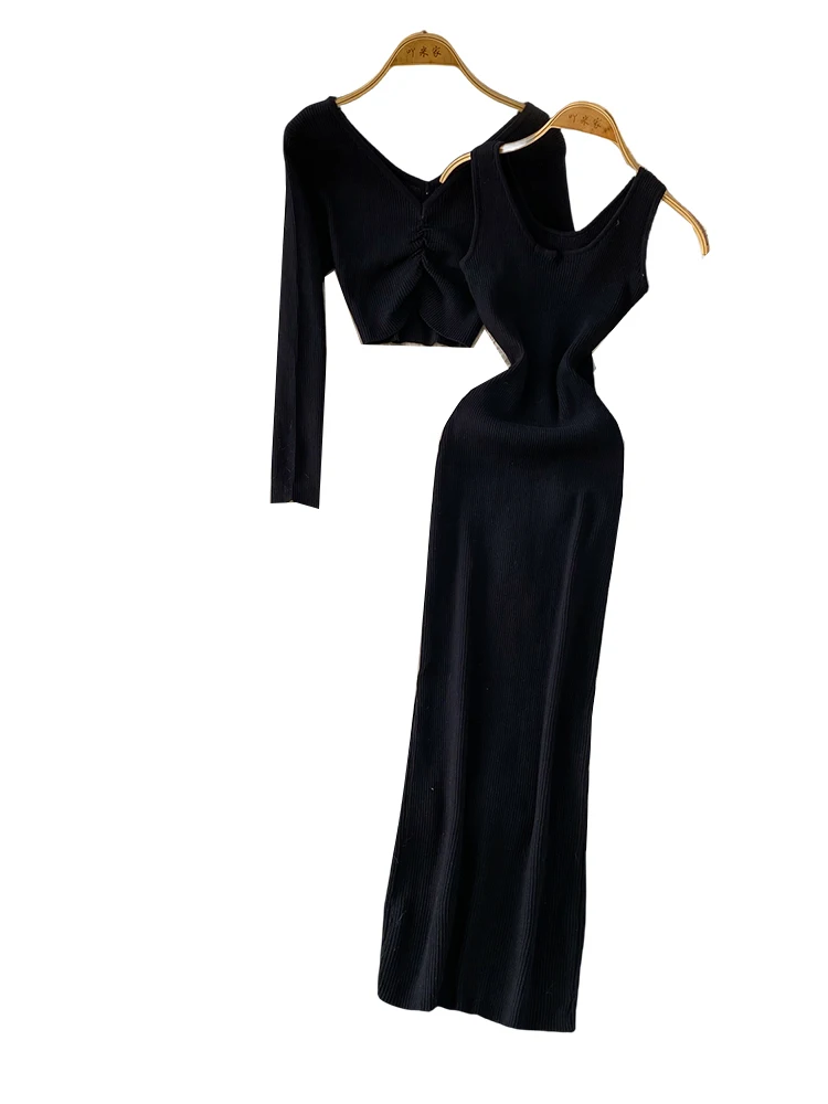 Slim Fit Knitted V-Ne Long Sve Vest Dr Set High Waist Bodycon Anti-Balloning Commute Sle Pure Color X-ape Silhouette