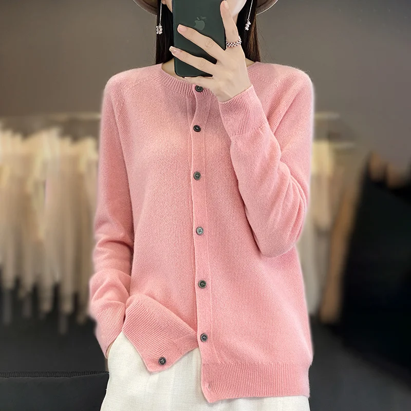 

Women's O-Neck Sweater Spring and Autumn 100% Pure Wool Cashmere Cardigan Solid Color Super Soft Loose Casual Wear Knit Coat Top