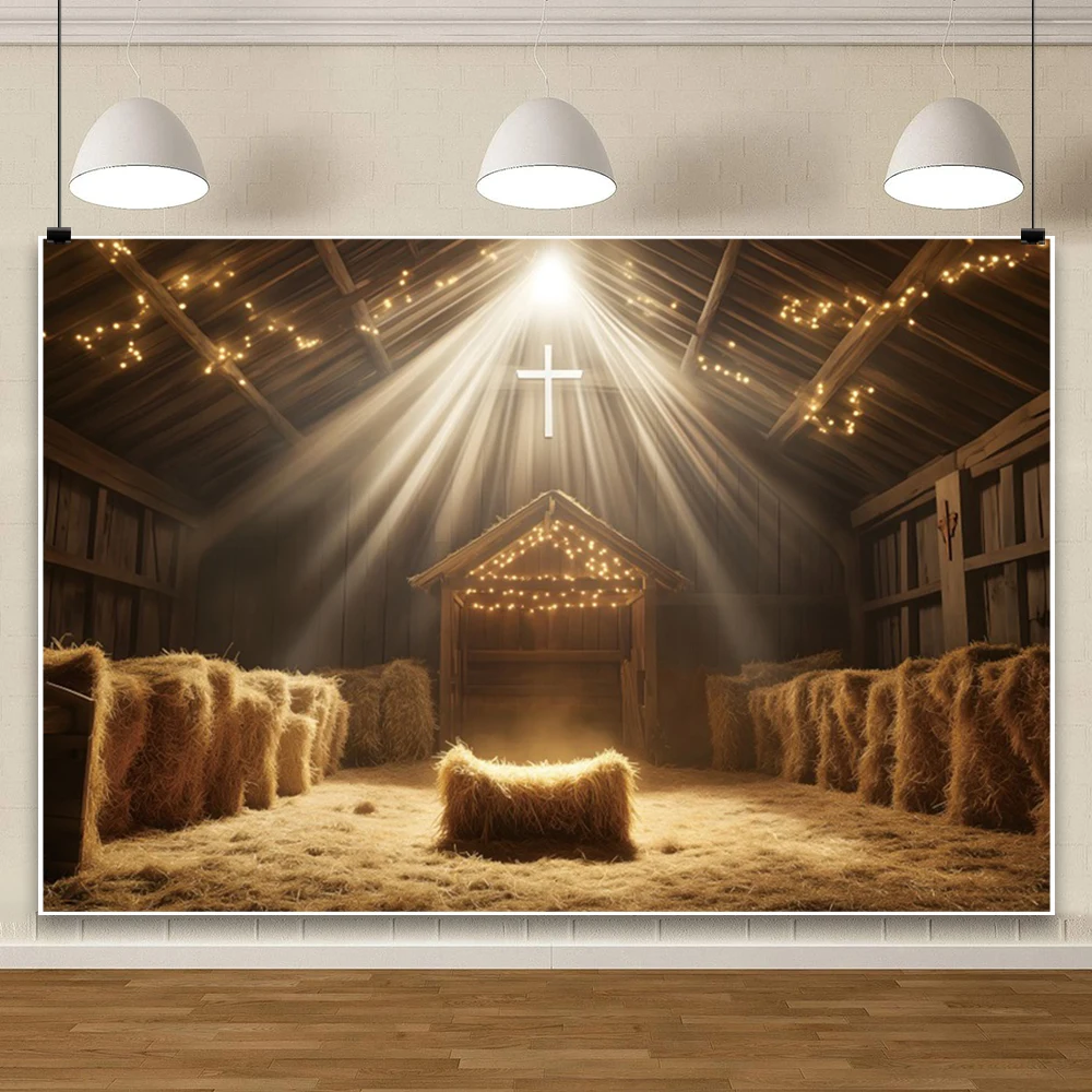 Laeacco Western Farm Barn Nativity Backdrop Interior Old Barn Manger Scene Straw Bales Haystack Portrait Photography Background