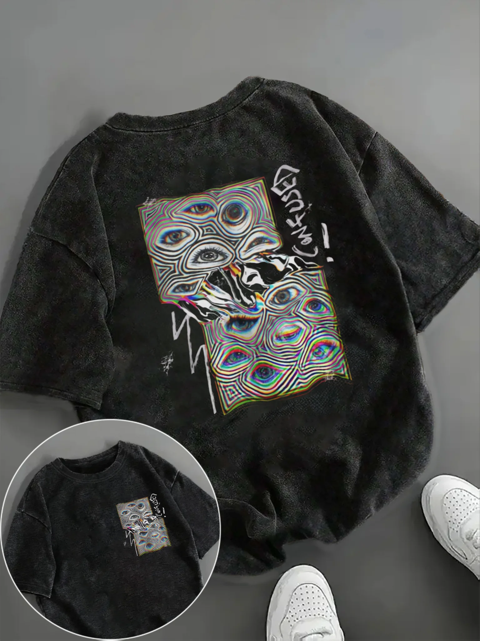 Unisex Vintage Acid Wash Oversized Black T-shirt Trippy Eye Wave Art Graphic Crew Neck Short Sleeve Retro Streetwear S-3XL