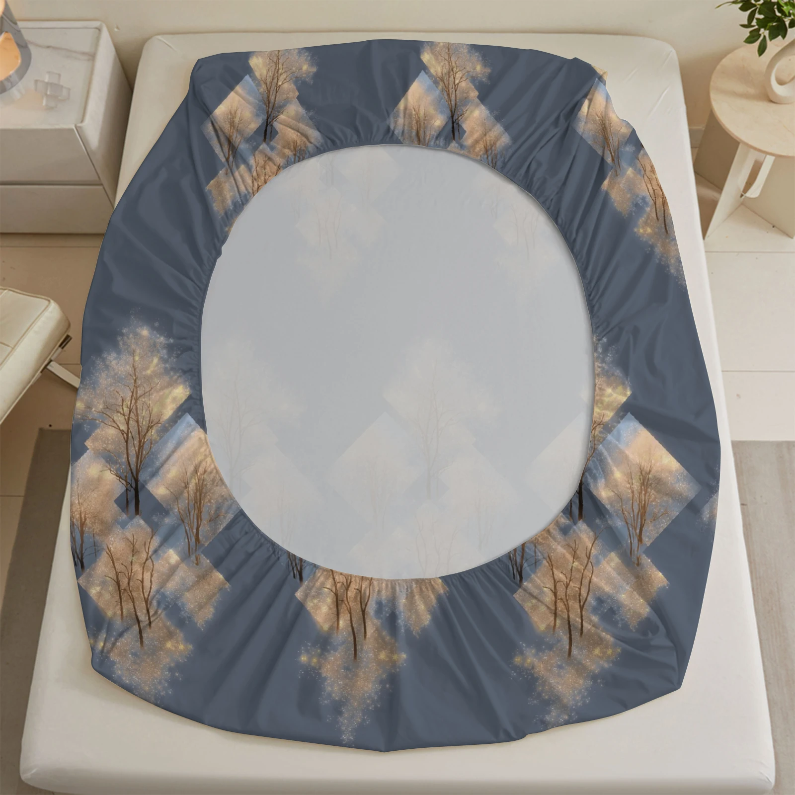 1pc Geometric Trees Print Fitted Bedspread Pocket Elastic Mattress Cover No Pillowcase Single Double Queen King Bedroom Decor
