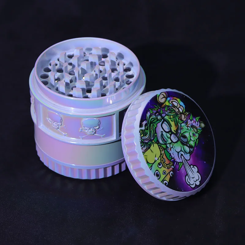 Zinc Alloy Grinder Diameter 55mm Upper Cover Uv Craft Weekly Relief Skull Pattern Non-Slip Vertical Pattern Electro-Optical Pink 4-Layer Manual