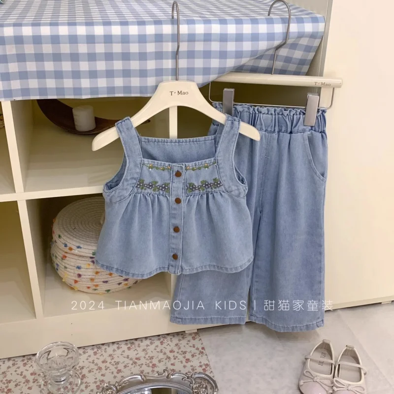 

XH-Girls' Summer Suit2024New Internet Celebrity Children's Denim Wear Two-Piece Set Baby Girl Summer Dress Sports Children's Clo