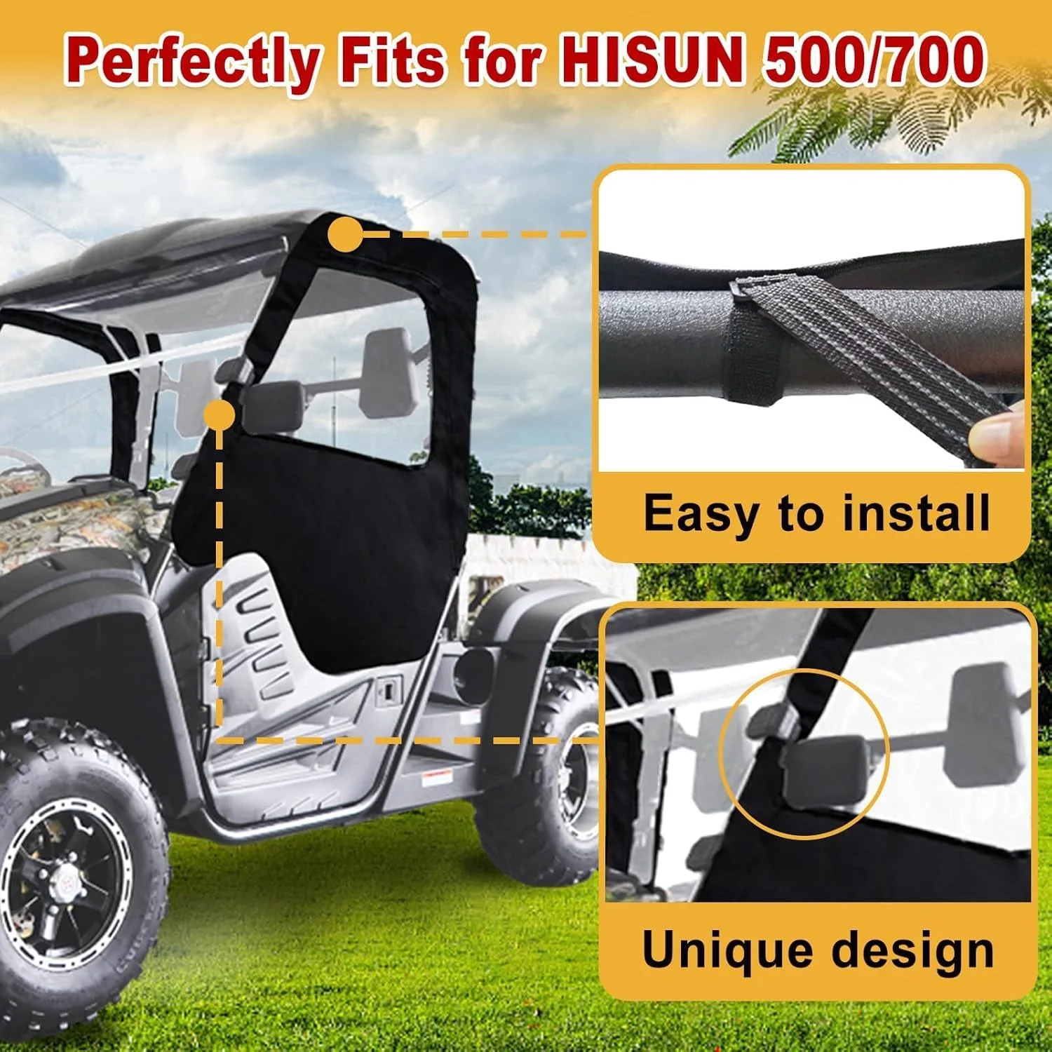 حاوية كابينة للأبواب الجانبية الناعمة للزجاج الأمامي متوافقة مع نافذة Hisun UTV 500 700 Massimo MSU500 بسحاب #4