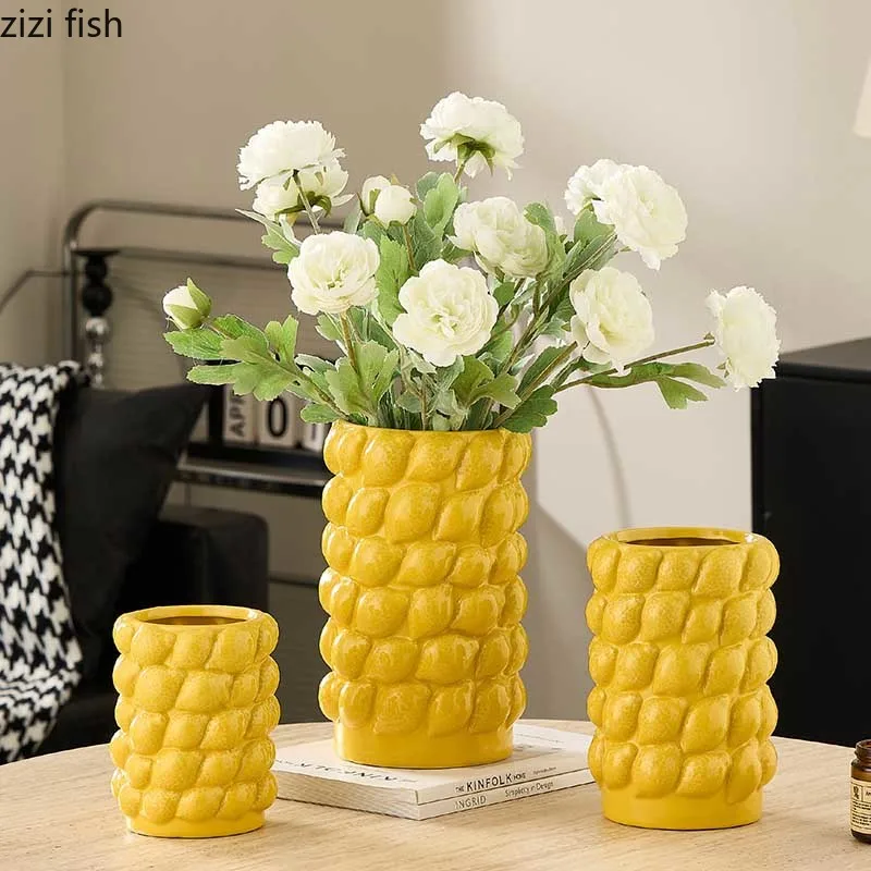 Relief Lemon Vase Ceramic Flower Arrangement Vase Hydroponic Vase Desktop Creative Flower Vessel Home Decoration Ornament