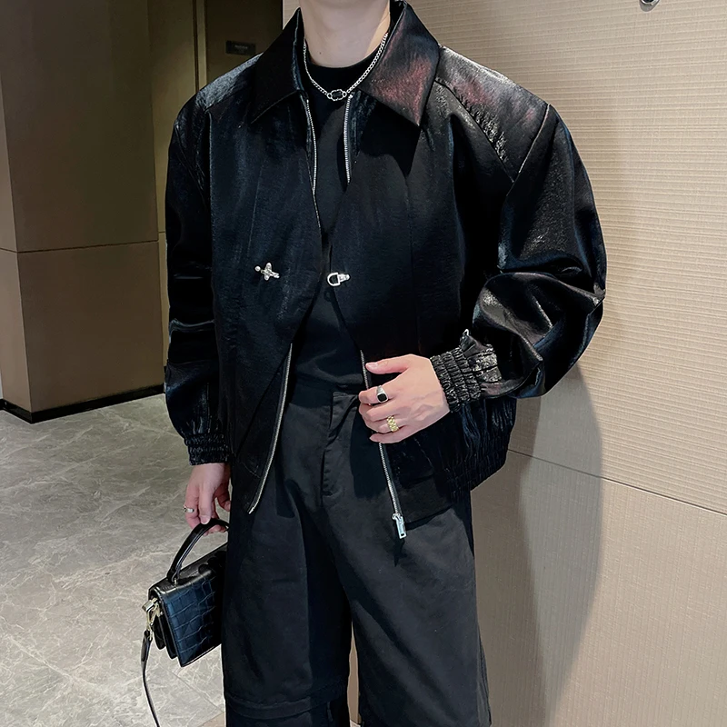 

2025 Autumn Metallic Fake Two Jacket Men's Casual Loose Short Jacket Trendy Lapel Social Streetwear Windproof Windbreaker Coat