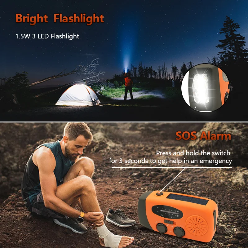 2000mAh Emergency Radio with batteries Solar Hand Crank portable Radio FM AM Weather Radio USB Charging 3 LED Flashlight