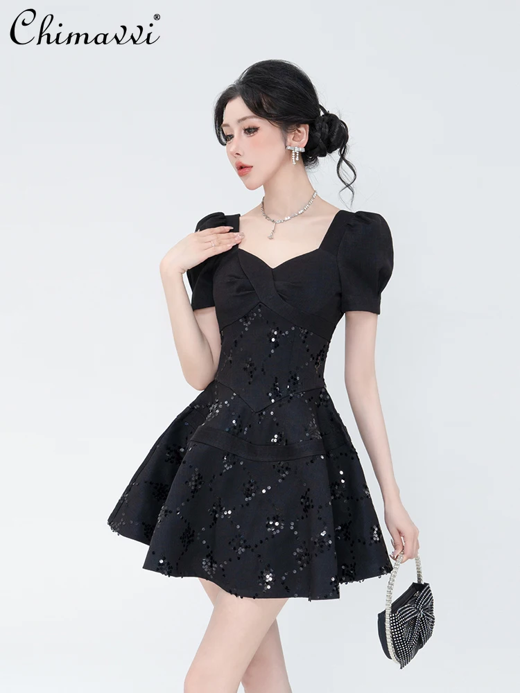 

French Sweet Elegant Shiny Sequined Square Collar Puff Sleeve High Waist Slim Fit A-line Short Princess Dress Women 2024 Summer