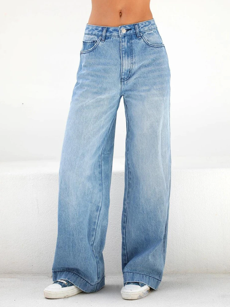 Jeans largas de cintura alta para mulheres, calça cheia azul vintage, streetwear casual, calça reta, calça desleixada