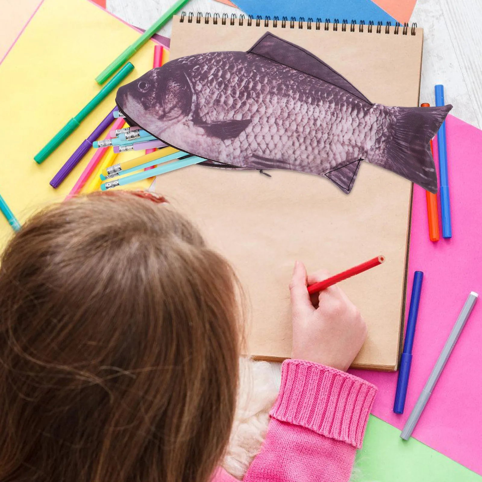Funny Fish Pencil Case Nylon Zipper Pouch Unique Realistic Carp Shape Holds Pens Pencils Erasers Makeup Essentials School Office
