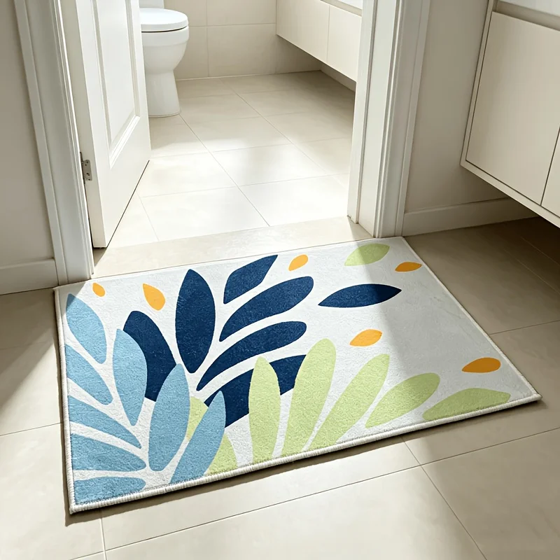 Modern Abstract Tropical Leaf Bath Mat Color Block Blue Green Yellow Leaves Print Non Slip Absorbent Bathroom Front Door Rug