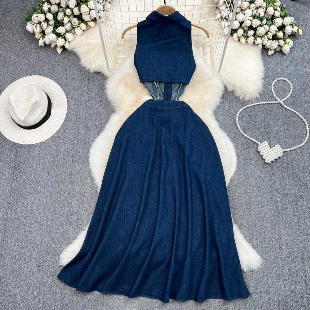 Denim Dress Women Long Dresses High Waist A Line Vestidos Turn Down Collar Sleeveless Elegant Y2k Streetwear Mom Jeans Slim 2025 - Image 4