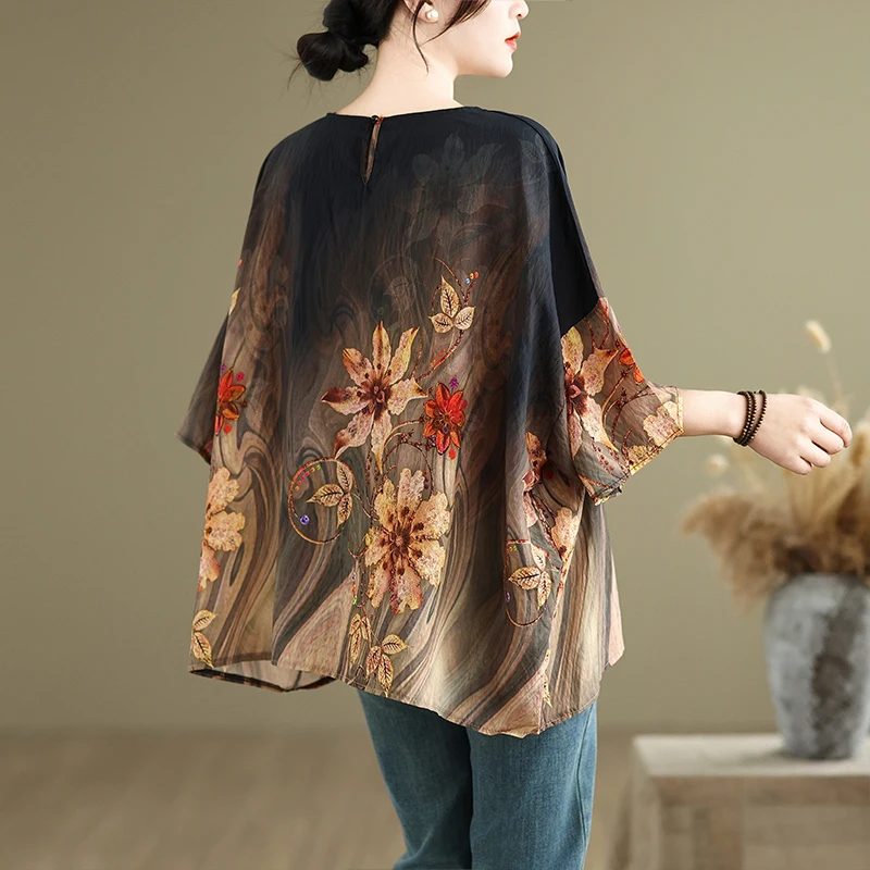 تي شيرت نسائي صيفي جديد فضفاض من القطن والكتان مستدير Ne Batwing Sve عرقي Sle مقاس كبير ألياف بوليستر مستديرة #3