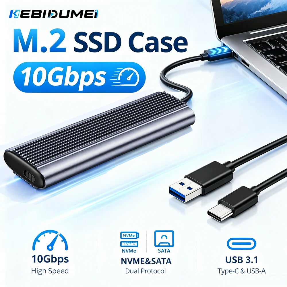 KEBIDUMEI 10Gbps M.2 SSD Enclosure Aluminium Alloy External M.2 NVMe SATA SSD Case Type C to USB3.0 SSD Adapter Tool Free