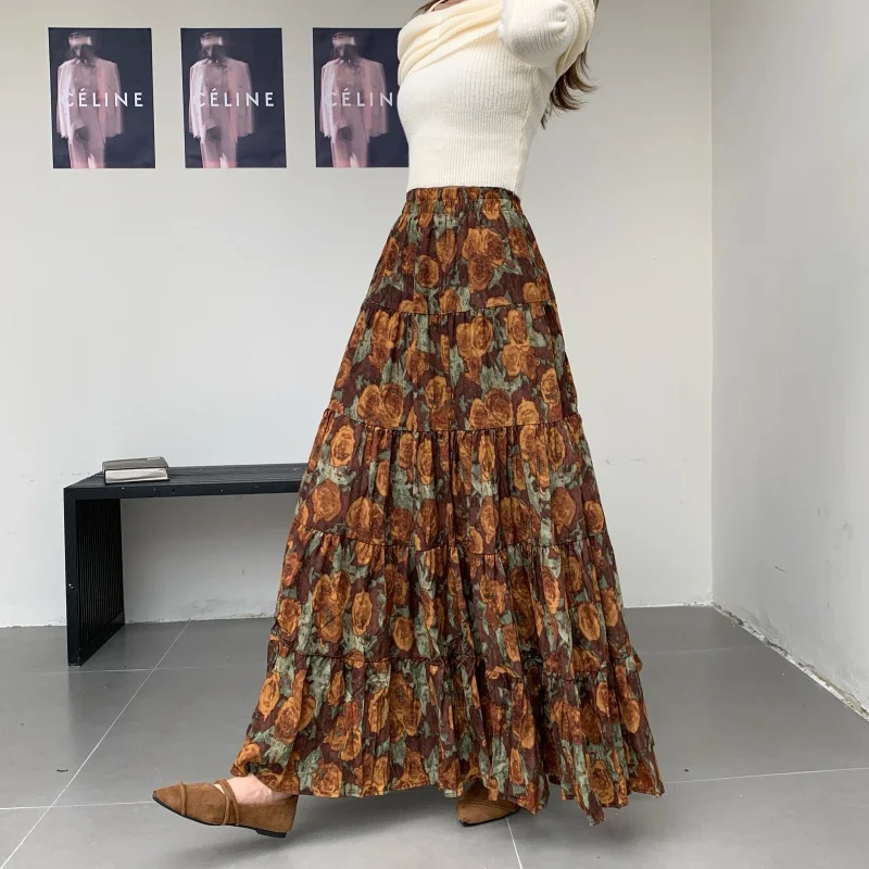 

Retro Pleated Coffee Floral Half-length Skirt Women's Autumn Winter High Waist Pocket Flared Slim A-line Cake Skirt Long Skirt