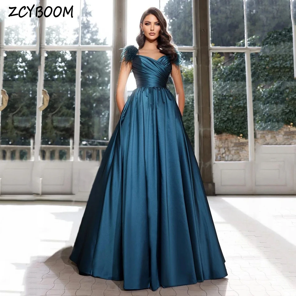 

Elegant V-Neck Feather Sleeveless Open Back Evening Dress 2025 A-Line Floor Length Custom Made Stain Zipper Prom Dress