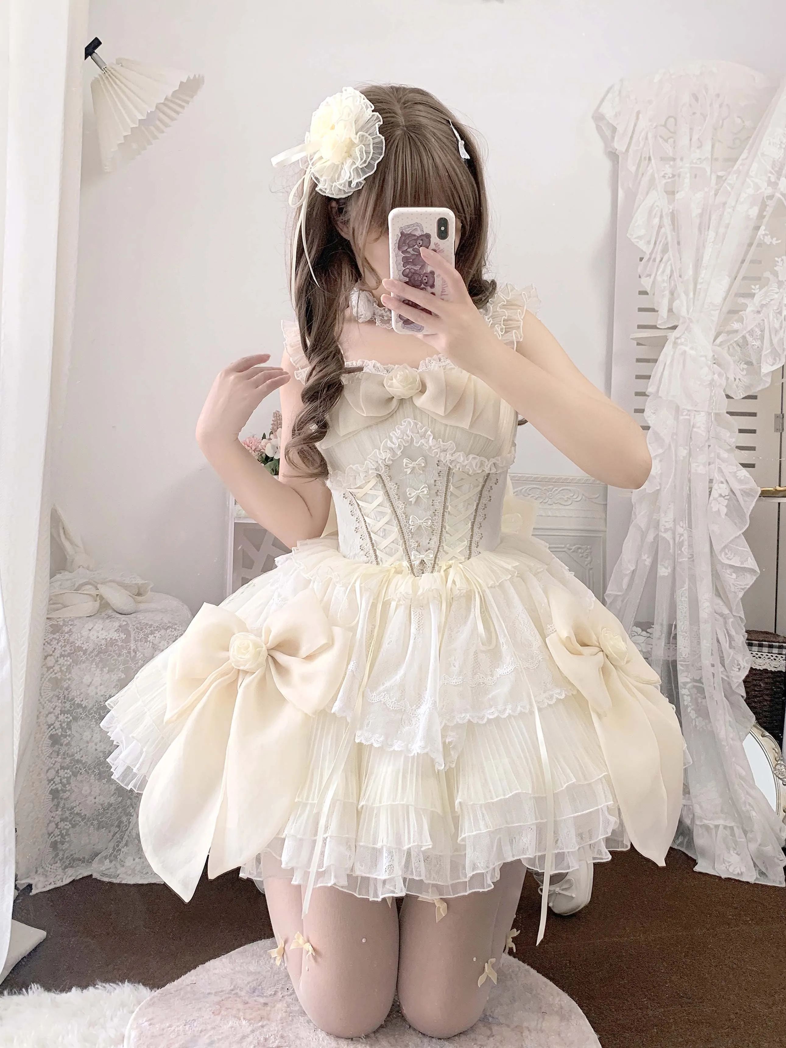 Original Lolita Sanftes Brautkleid für Frauen First Love Süßes Beige Geburtstagskleid Rüschen ärmelloses kurzes Prinzessinnenkleid