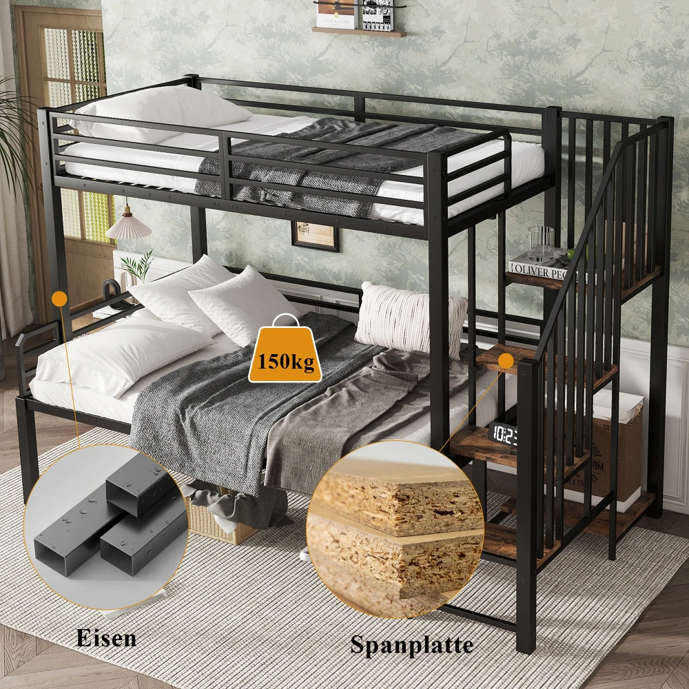 PINGGO Eisen-Etagenbett für Kinder und Jugendliche mit Stauraum-Eckschrank, Eisen & MDF, Schwarz Vintage-Holz, 90x200cm 120x200cm, ohne Matratze – Detail 8