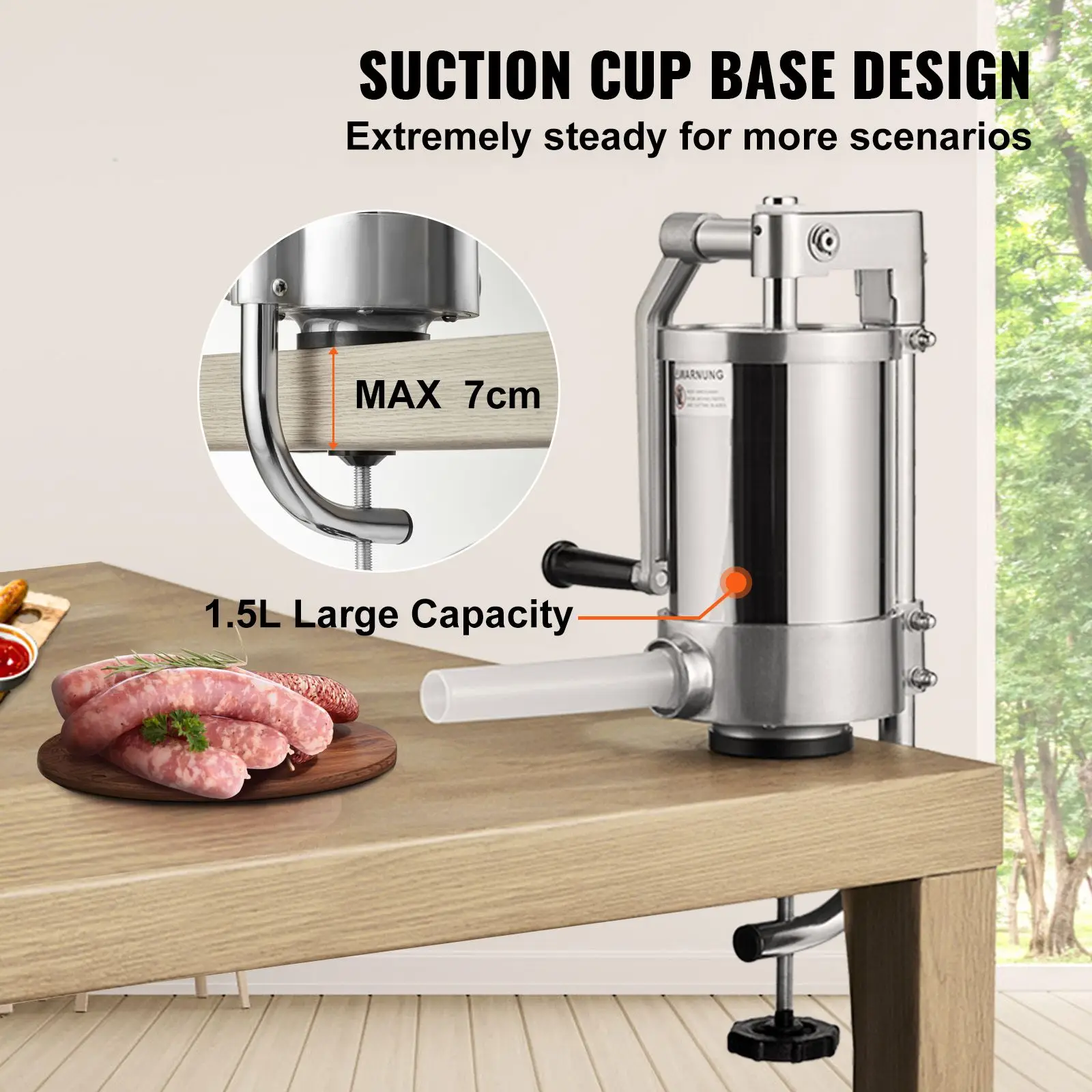 Sausage Stuffer, 2.5LBS/1.5L Capacity, 304 Stainless Steel Vertical Sausage Stuffer, Sausage Filling Machine with 3 Stuffing Tub