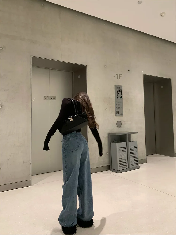Benuynffy Women Streetwear Loose Vintage Jeans Korean Fashion Rhinestone Y2K Casual High Waist Female Straight Leg Denim Pants — zdjęcie 6