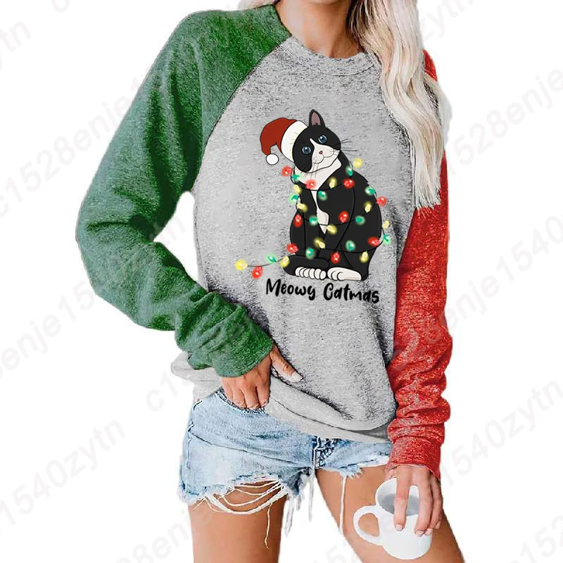 S-XXL Plus Size Tops Autumn And Winter Clothes Women Pullover Christmas Light Cat Meowy Catmas Print Ladies Pullover Sweatshirts