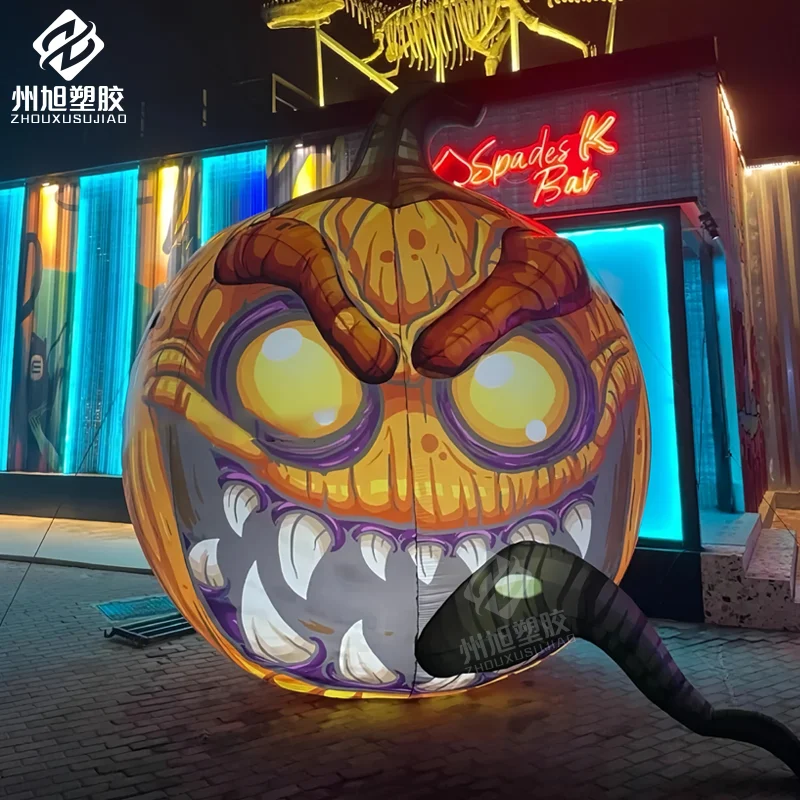 Zucca gonfiabile gigante alta e spaventosa con faccia e lingua feroce Grandi decorazioni per la testa di zucca di Halloween con luce a LED