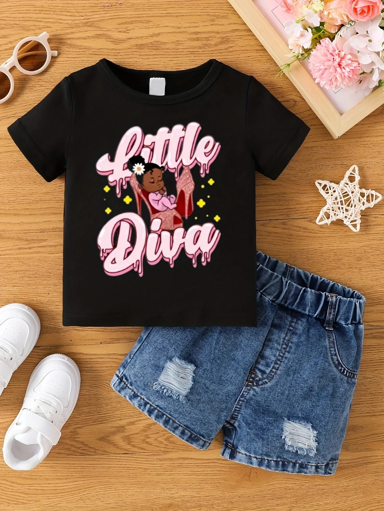 Aby niños y niñas verano caliente pintado cuello redondo de manga corta Top niñas ropa