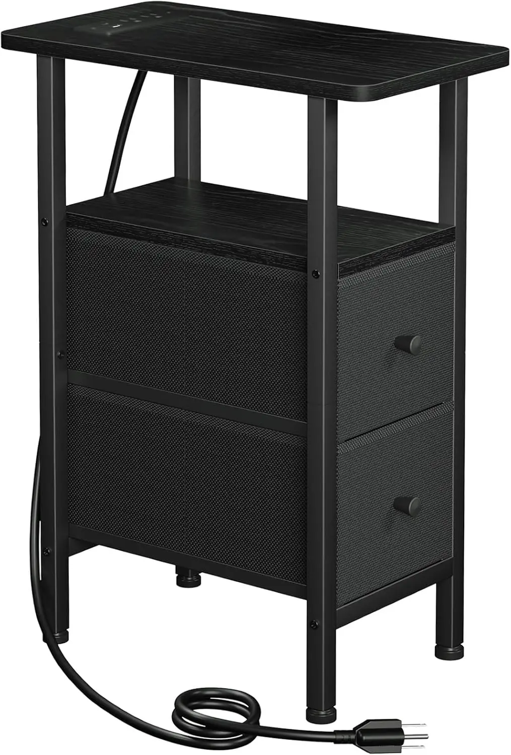 

Slim Side Table with Charging Station, Fabric Drawers for Living Room or Bedroom, Black