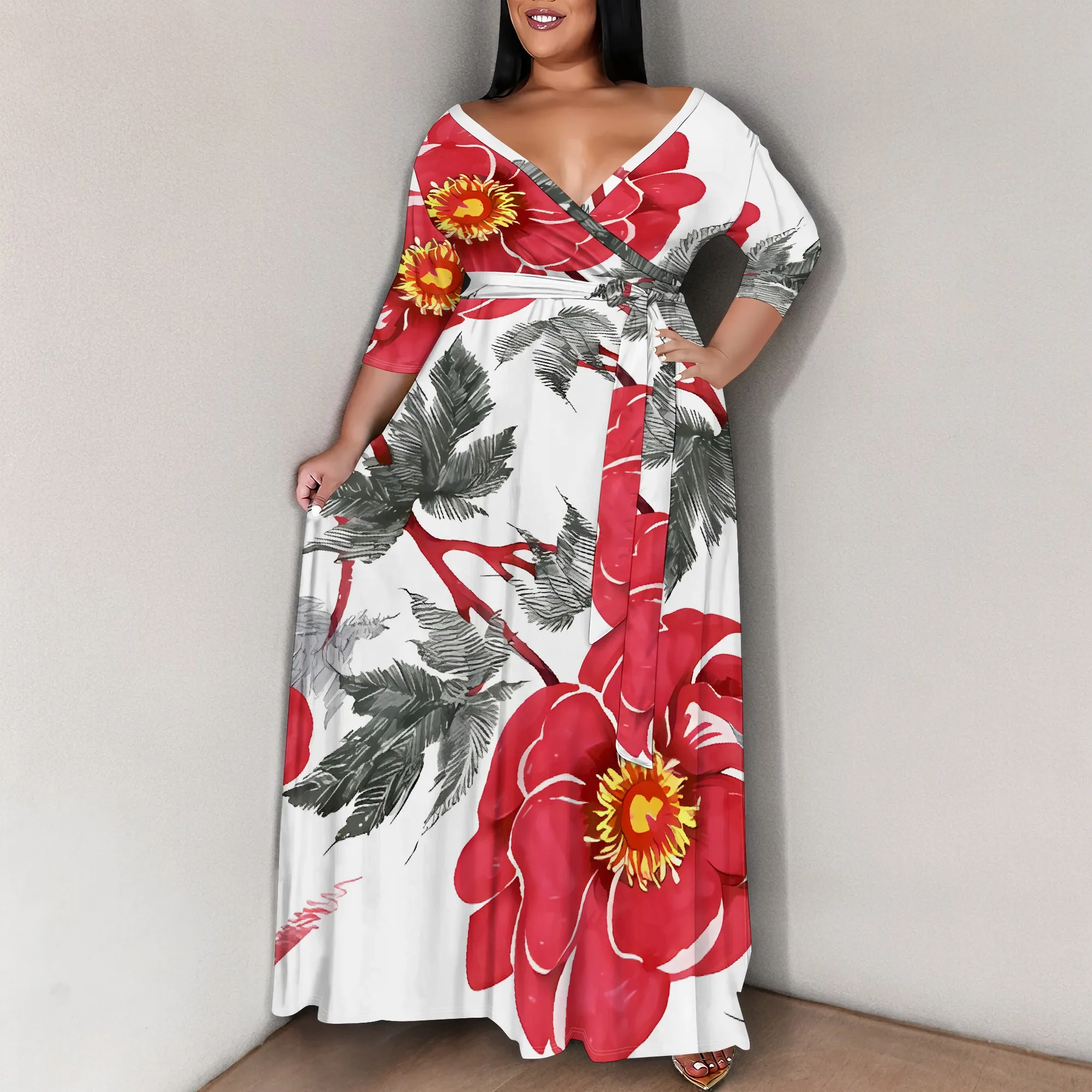 Plus Size Strapless Maxi Dress Red Floral Print Summer Holiday Bodycon Long Dress