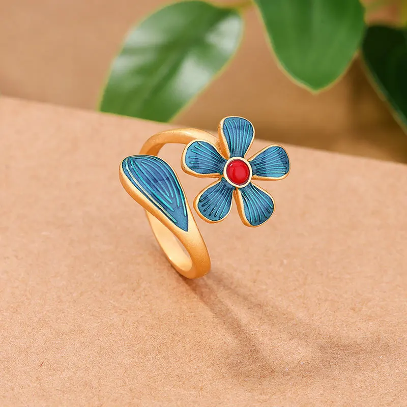 

Ancient gold craft enamel blue sunflower rings for women Light luxury Southern red tourmaline Couple jewelry adjustable