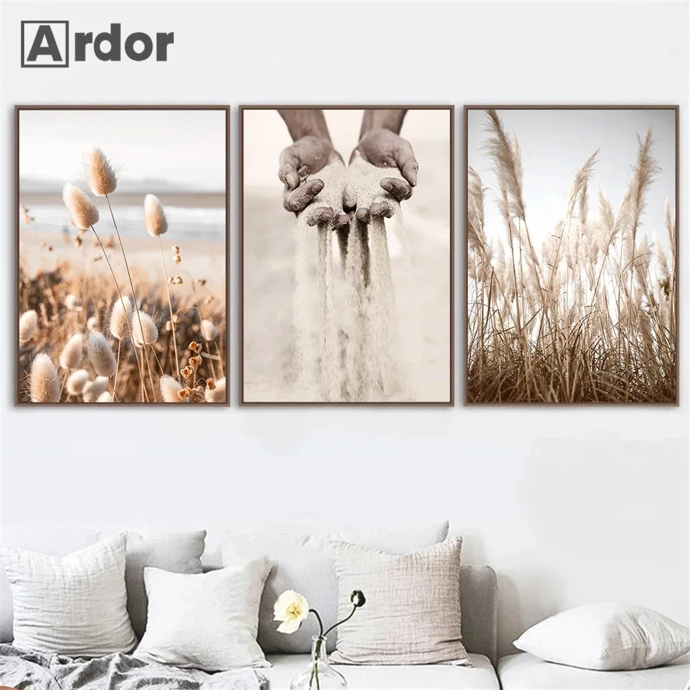 Sunset Reeds Grass Bird Flower Plant Wall Art Canvas Poster Sand Hand Prints Nordic Art Painting Wall Pictures Living Room Decor