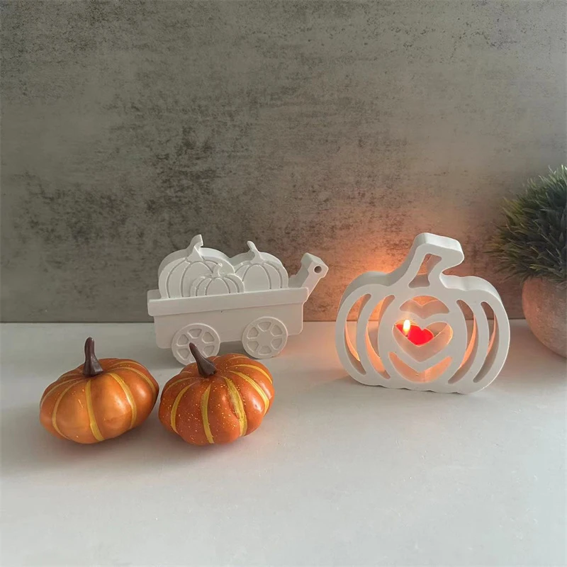 Halloween Pumpkin Cement Silicone Mold Harvest Pumpkin Cart Candle Holder Making Plaster Mould Epoxy Resin Craft Molds Supplies