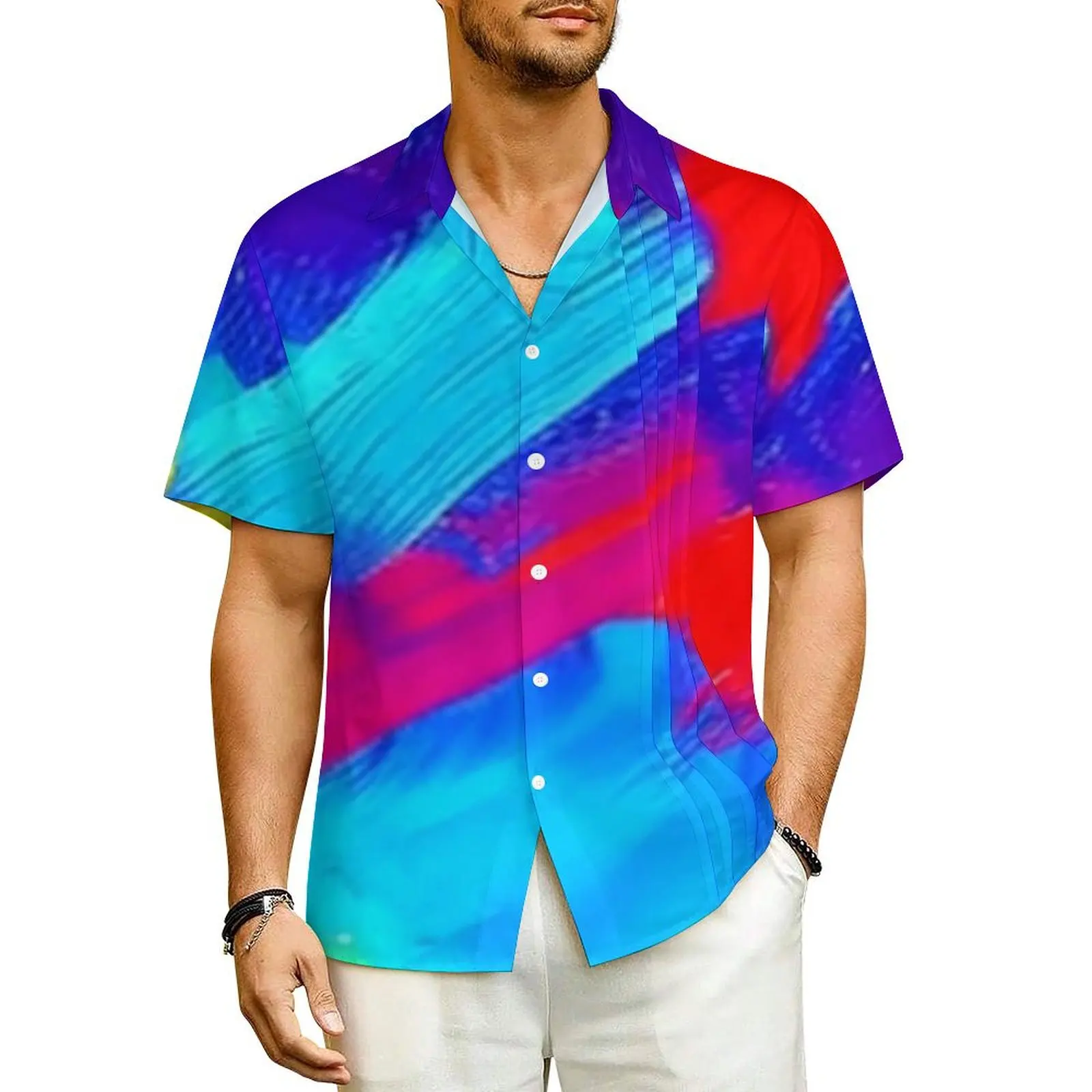 Abstract Paint Brush Beach Shirt Men Red Blue Yellow Casual Shirts Hawaii Short Sleeve Comfortable Graphic Oversized Blouses