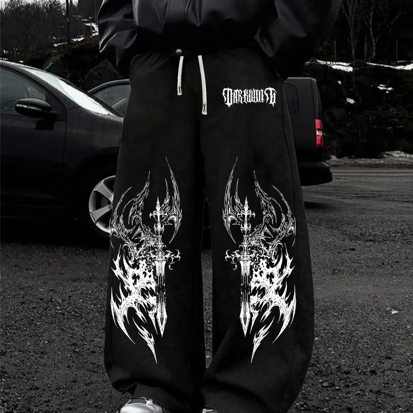 Wide Leg Trousers, Gothic Sword Totem Graphic Print, Drawstring Elastic Waist, Hip Hop Streetwear Casual Loose Pants