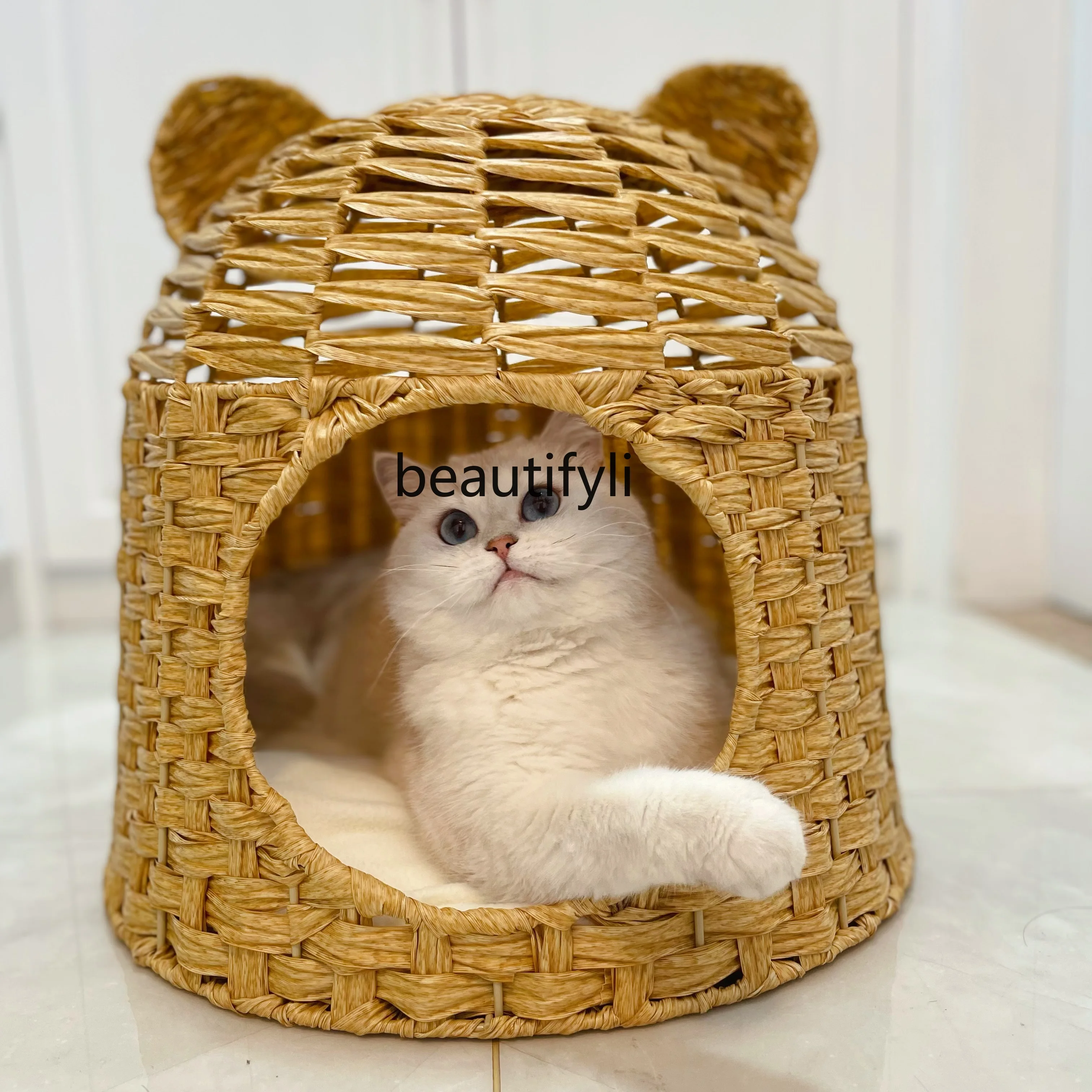 zq Korean Style Cute Bear Rattan Woven Cathouse Doghouse Breathable Pet Bed I Pet Bed Hand-Woven Cat House