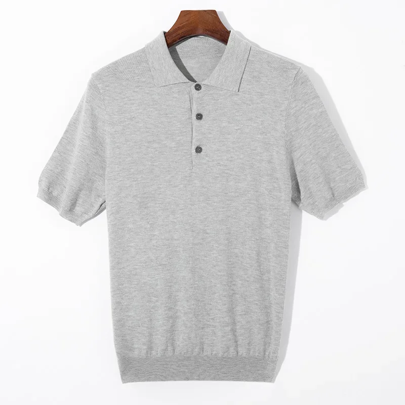 New summer pure wool casual knitted Polo shirt men's fashion solid color slim short sleeve breathable bottoming shirt