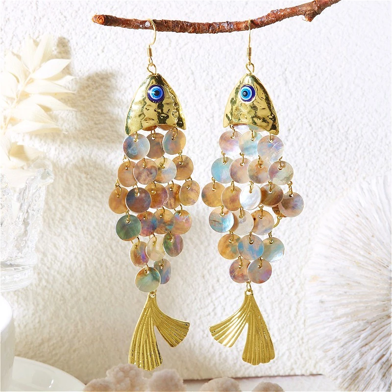 Böhmische Ohrhänger im Ozean-Stil mit Muschel- und Fischmotiven, lange Quasten, leichter Ohrschmuck, frisches Halsketten-Accessoire, Geburtstagsgeschenk 2026 für Frauen