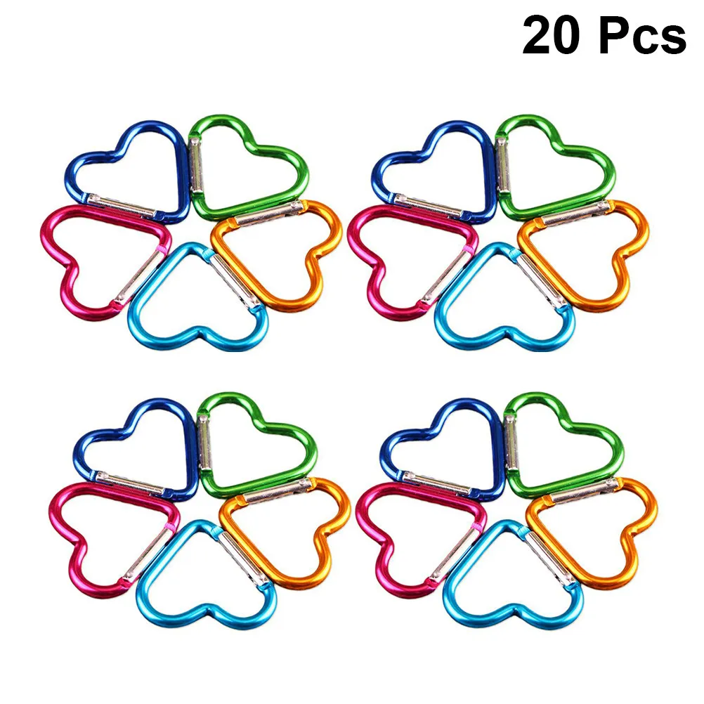 20Pcs Heart Shaped Carabiners Heavy Duty Aluminum Quick Clip Backpack Clasps Outdoor Keychain Buckles Essential for Travel