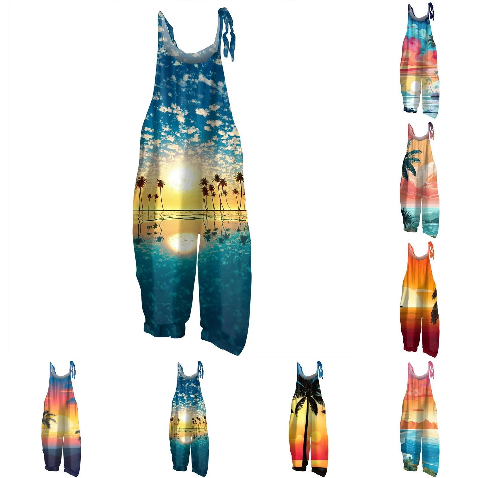 Ladies Hawaii Printed Jumpsuit Casual Overalls Sleeveless Dungarees Loose Jumpsuit Pants Trousers Woman Clothing Ropa De Mujer